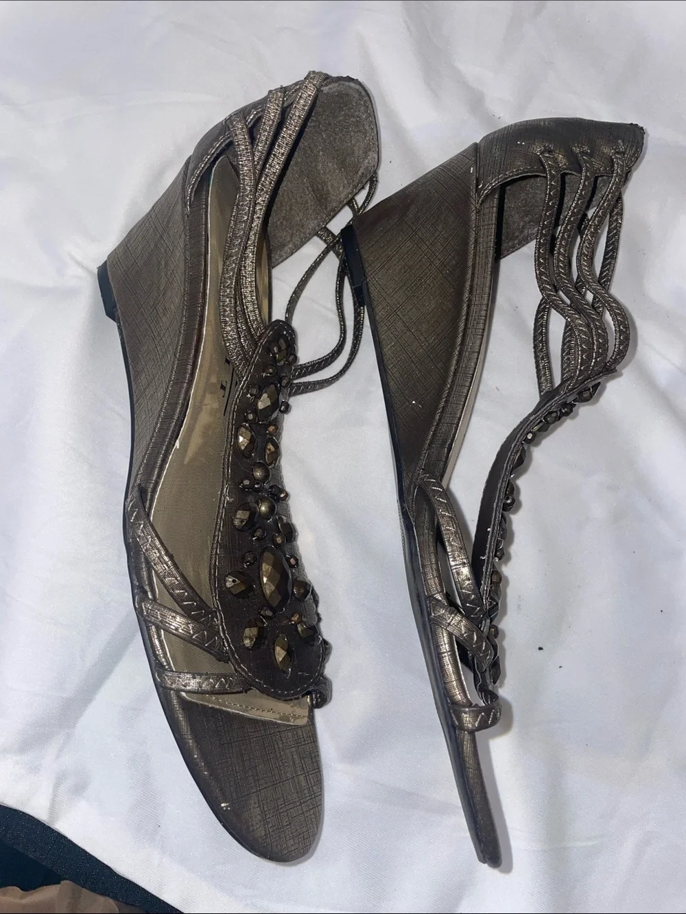 New York Transit Bronze Jeweled Strappy Wedge Sandals